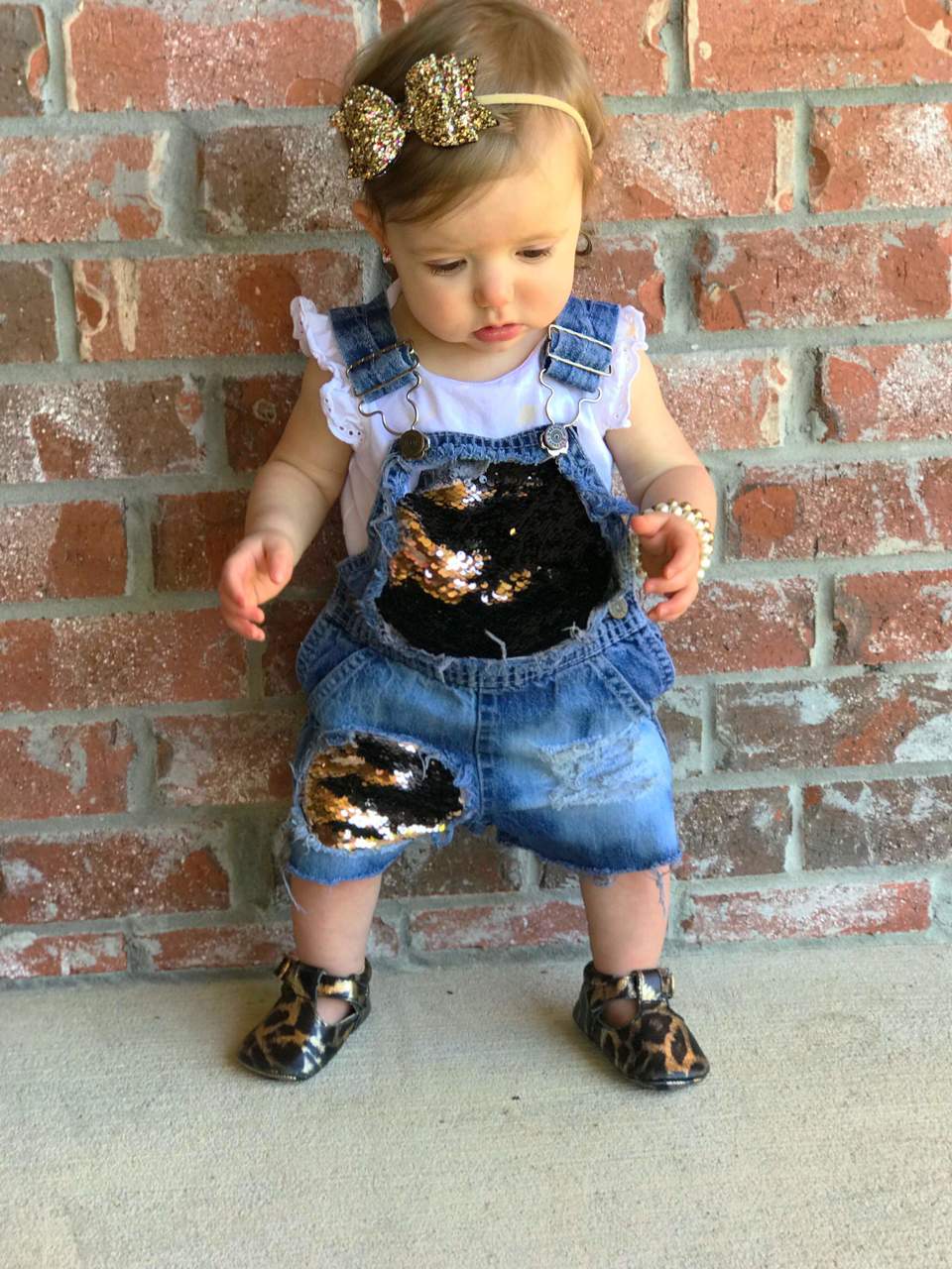 Gold Brown Sequin Distressed Overalls Shortalls Jumper