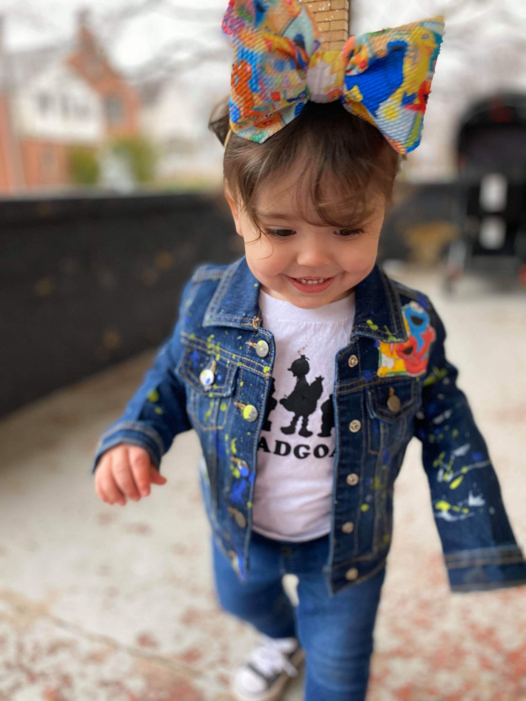 Sesame Street Denim Jacket  Girls Boys Paint Splatter