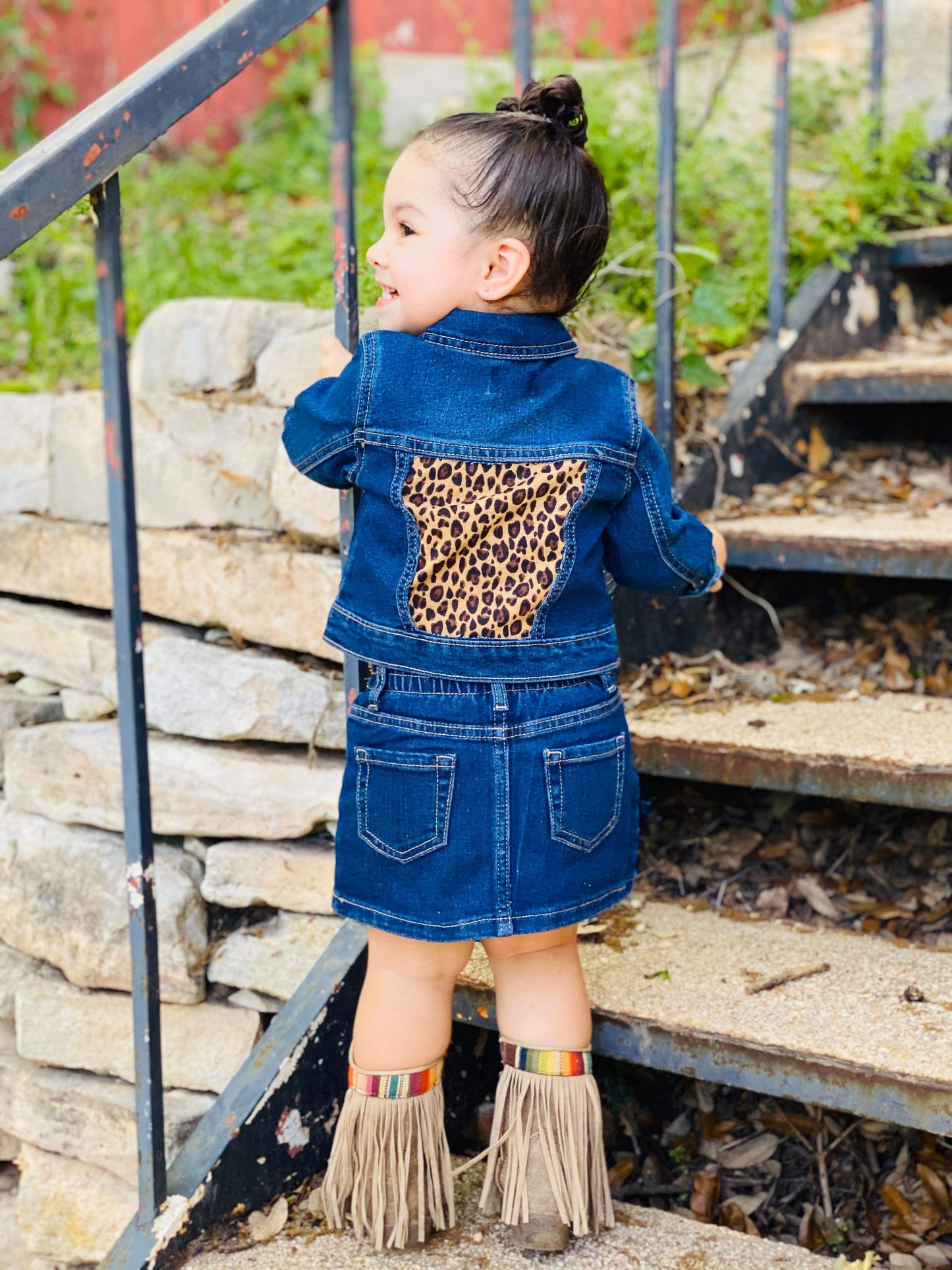 Cheetah Print Denim Outfit Sets Girls